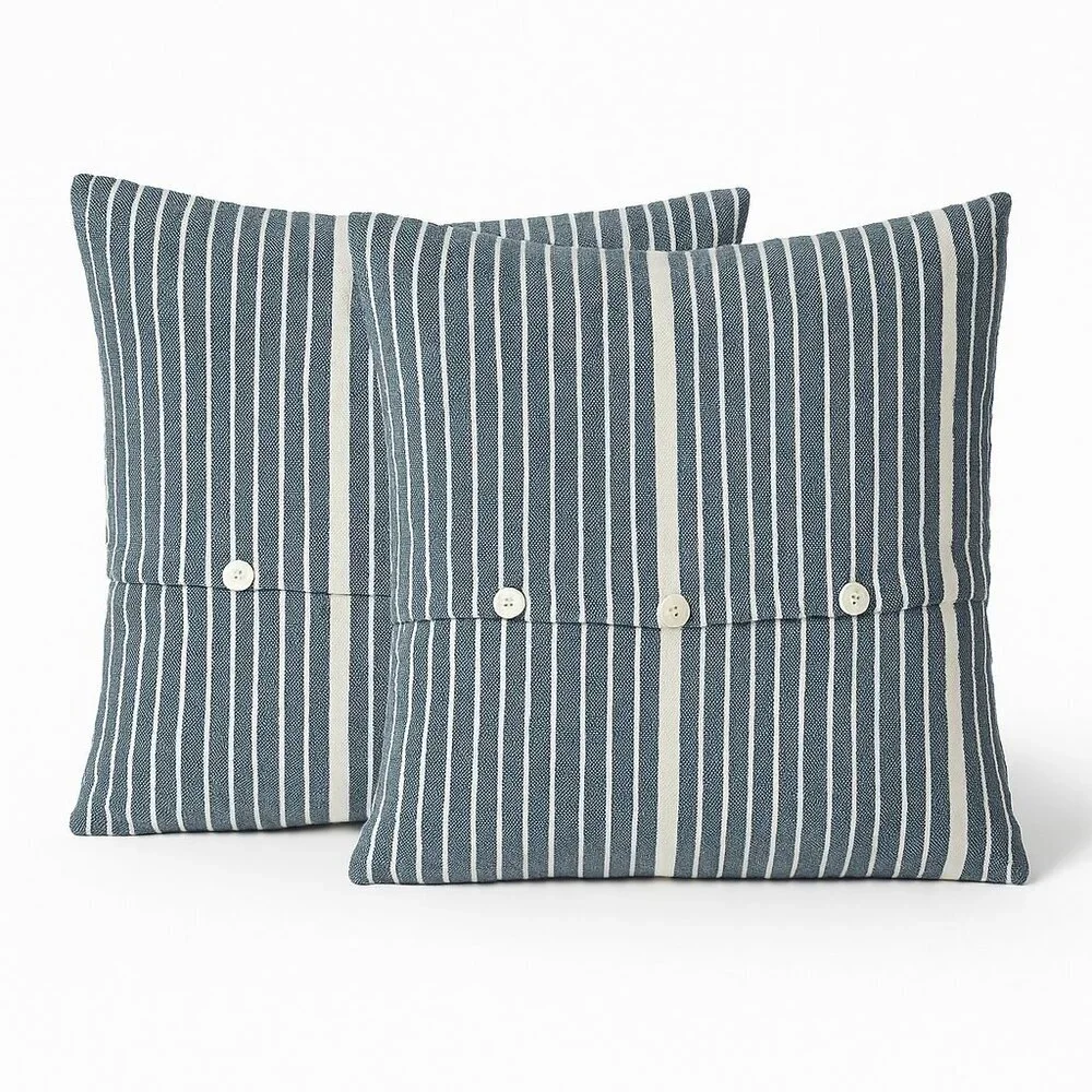 West Elm Silk Blend Striped Pillow Covers Button Front Set of 2 19x19 Navy